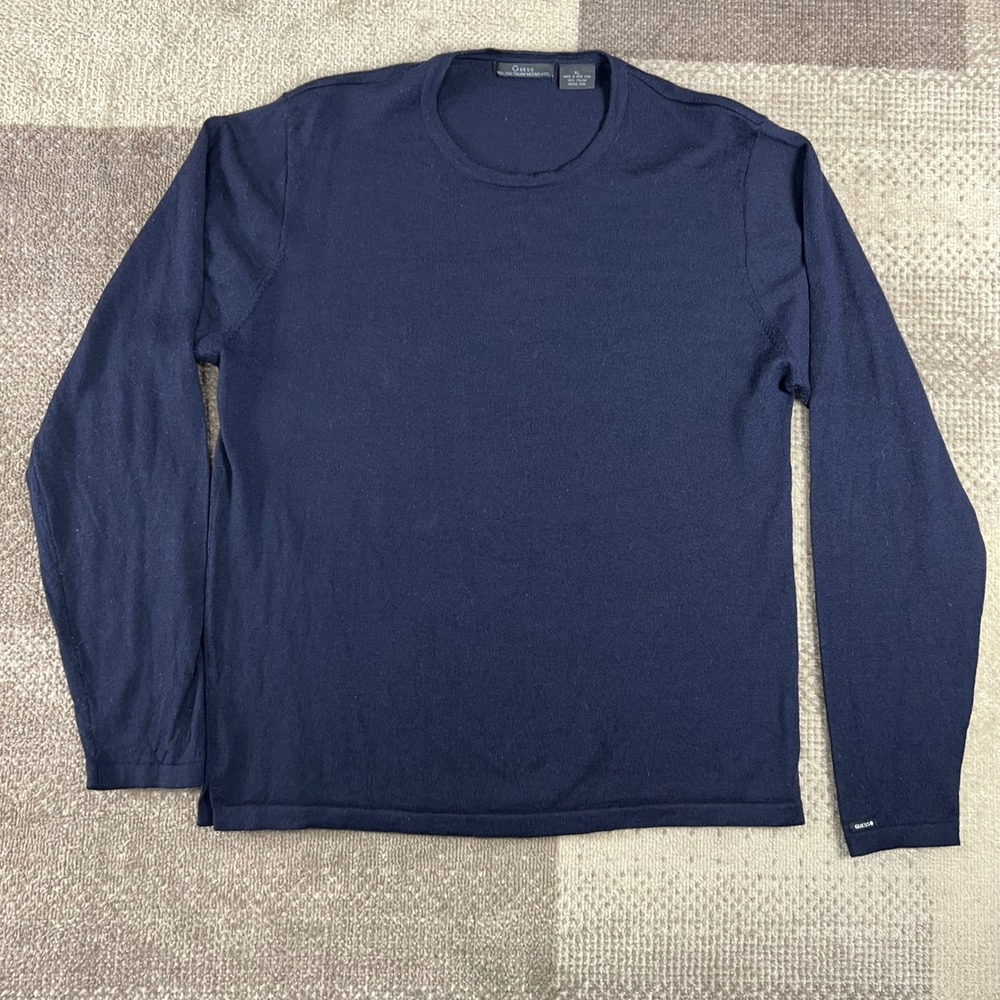 Guess Mens XL Navy Blue 100% Fine Italian Merino Wool Sweater Long‎ Sleeve